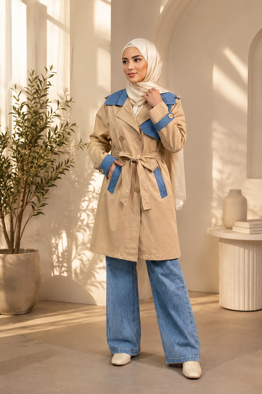 4300 طقم كتان مع بنطلون جنز - Beige