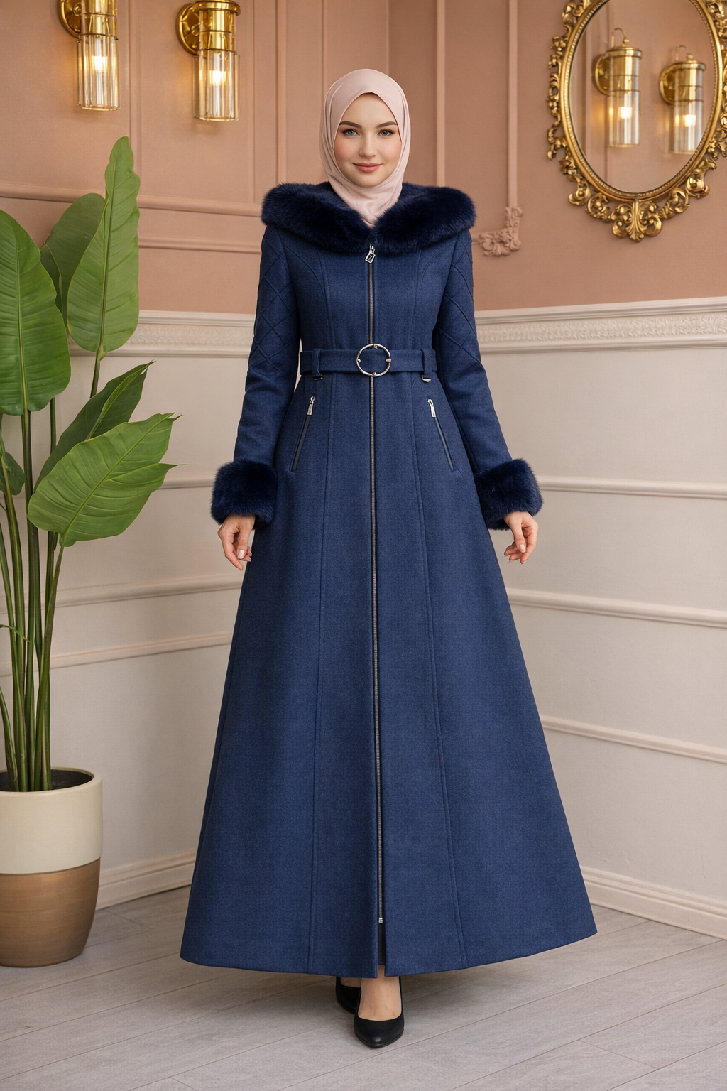 Langer Wollmantel mit Pelzbesatz und Kapuze 1381 - Dunkelblau