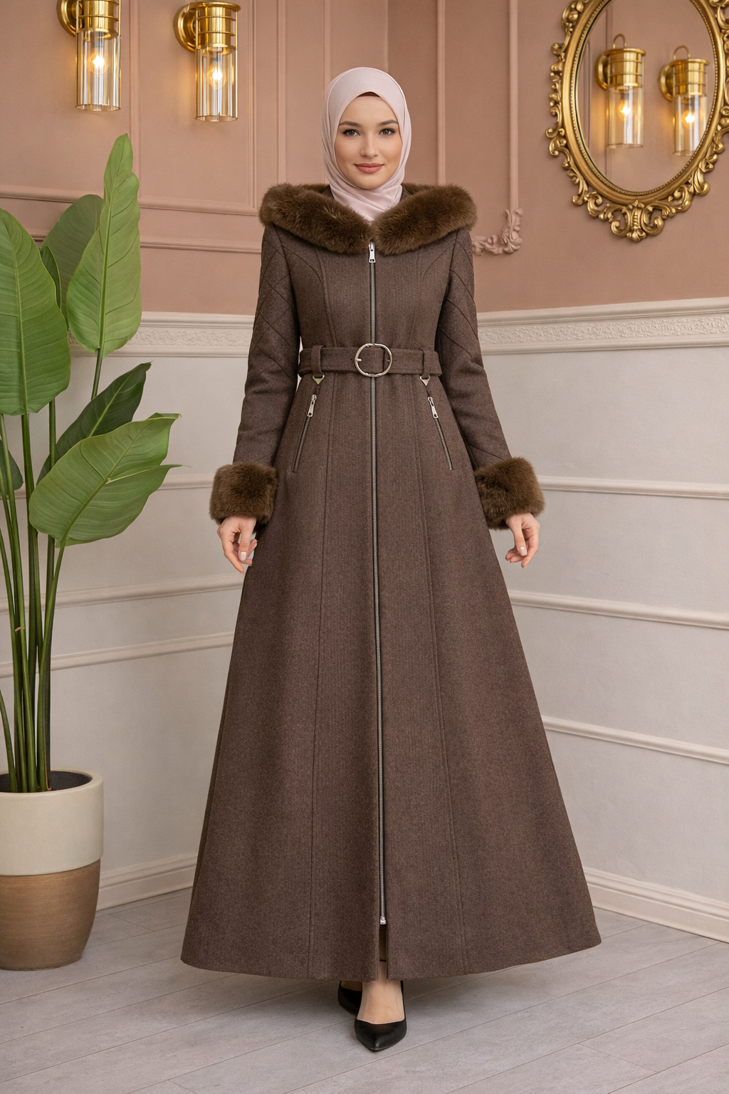 Langer Wollmantel mit Pelzbesatz und Kapuze 1381 - Braun