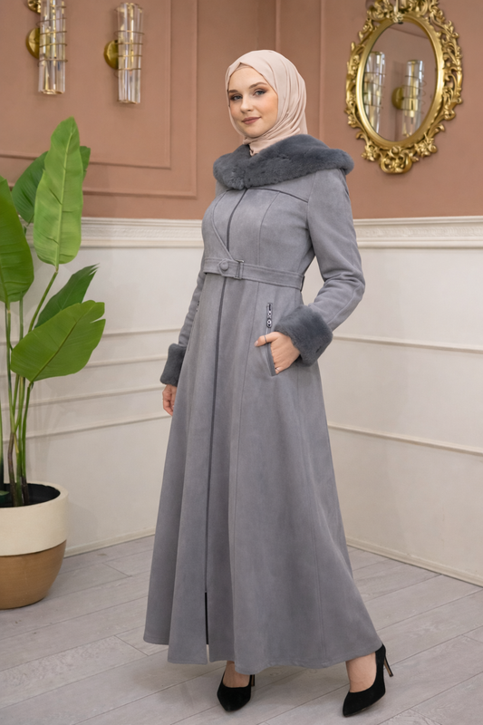 Damen Wildleder-Mantel mit Pelzfutter und Voll-Kabischon 1367 - Grau