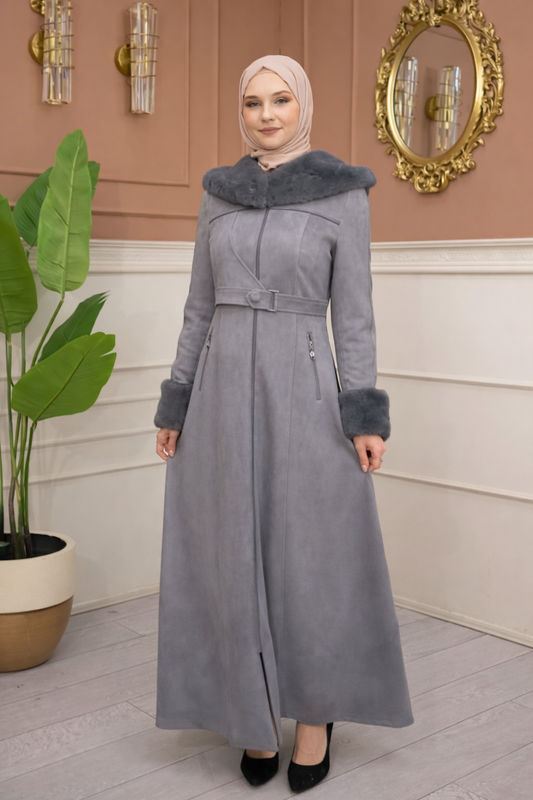 Damen Wildleder-Mantel mit Pelzfutter und Voll-Kabischon 1367 - Grau