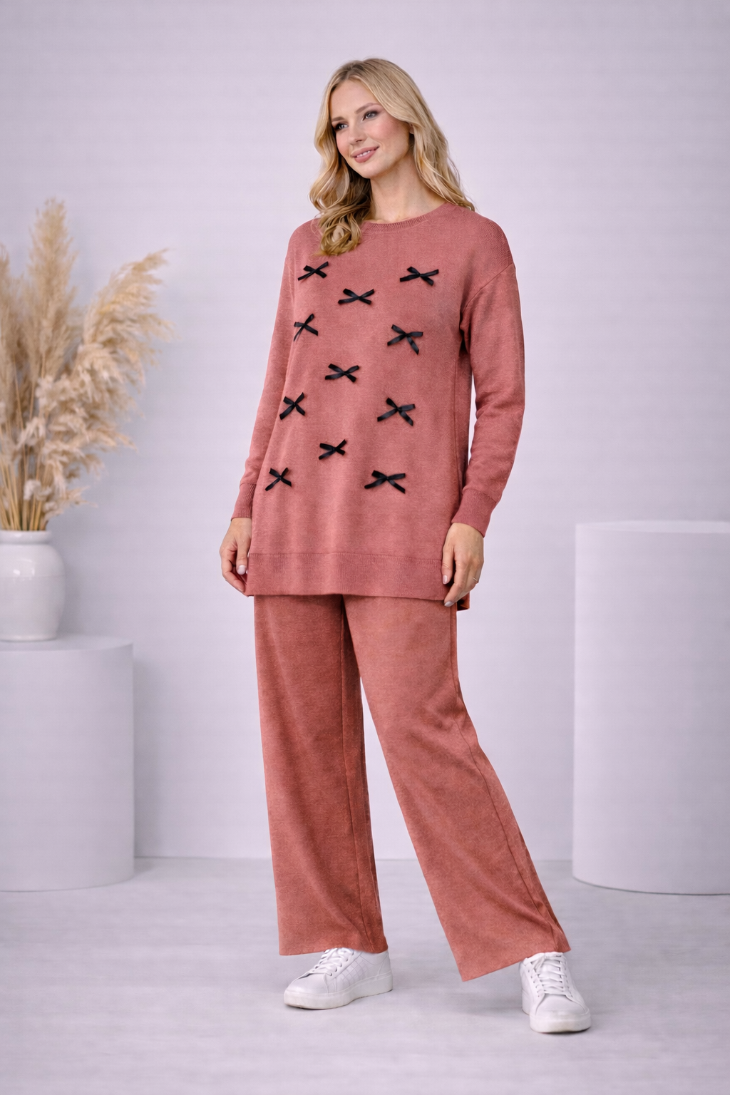 Damen Strick-Set mit Schleifen-Verzierung 4200 - Rosa