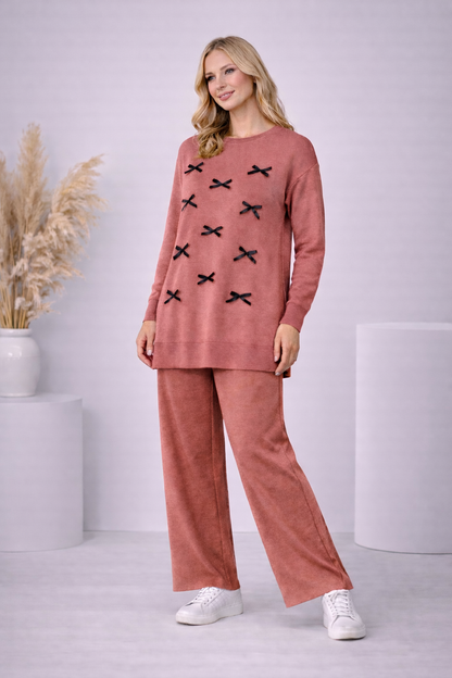 Damen Strick-Set mit Schleifen-Verzierung 4200 - Rosa