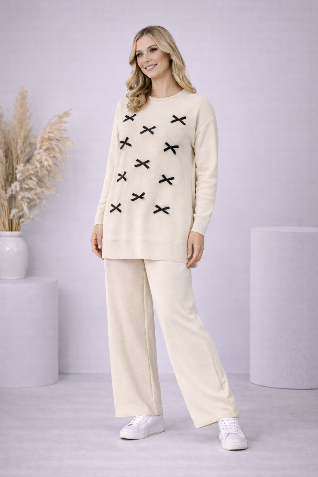 Damen Strick-Set mit Schleifen-Verzierung 4200 - Ecru