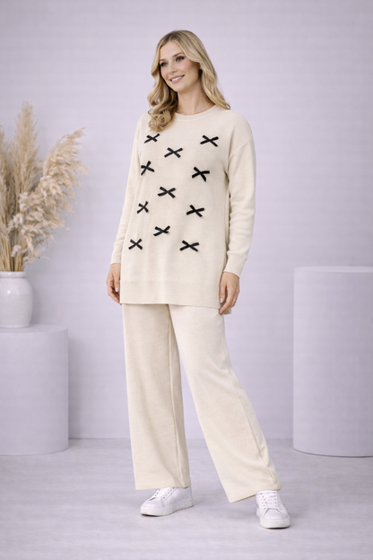 Damen Strick-Set mit Schleifen-Verzierung 4200 - Ecru