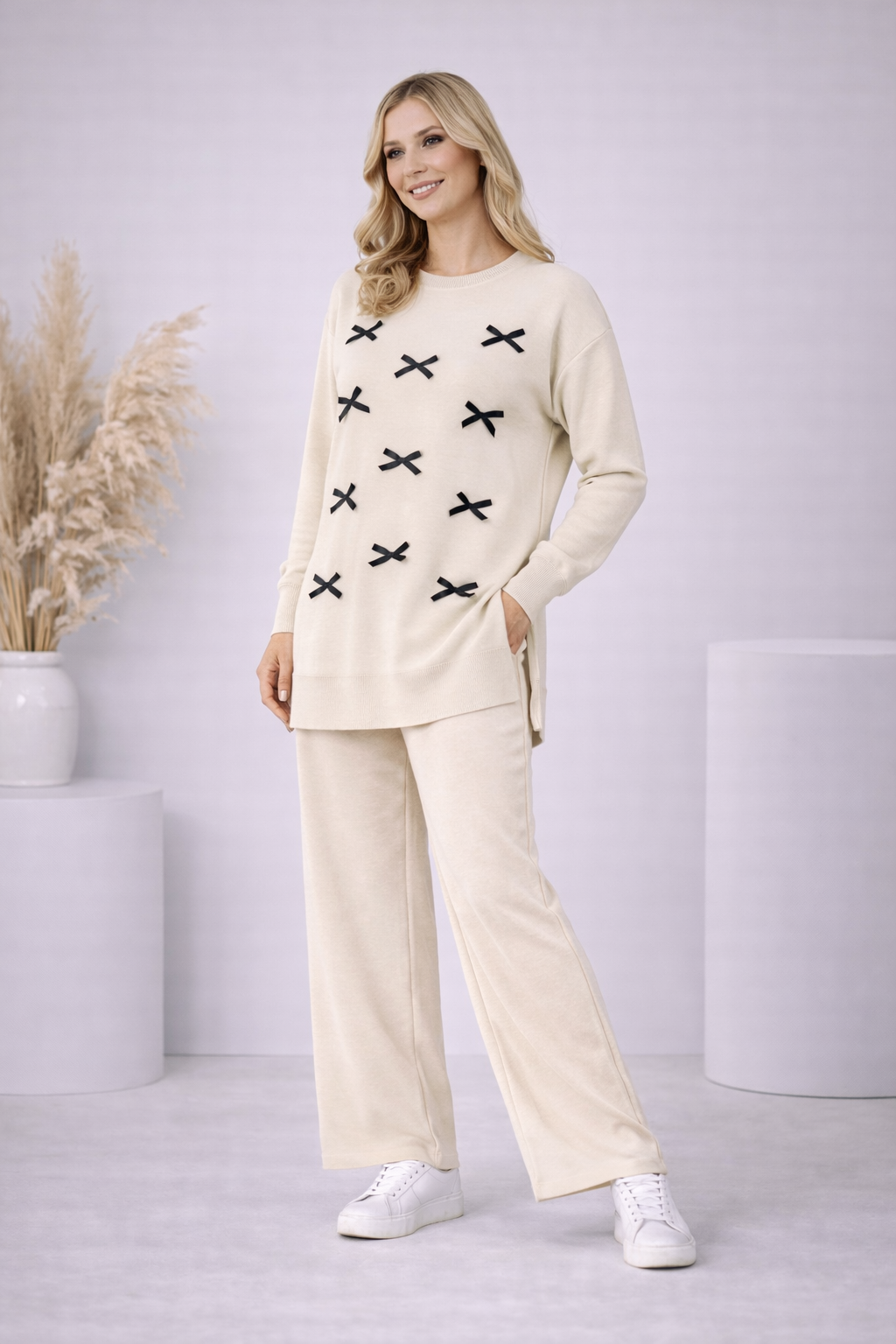 Damen Strick-Set mit Schleifen-Verzierung 4200 - Ecru