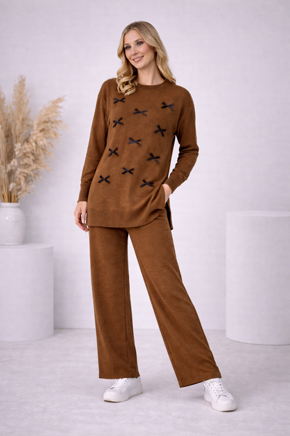 Damen Strick-Set mit Schleifen-Verzierung 4200 - Braun