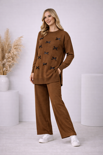 Damen Strick-Set mit Schleifen-Verzierung 4200 - Braun