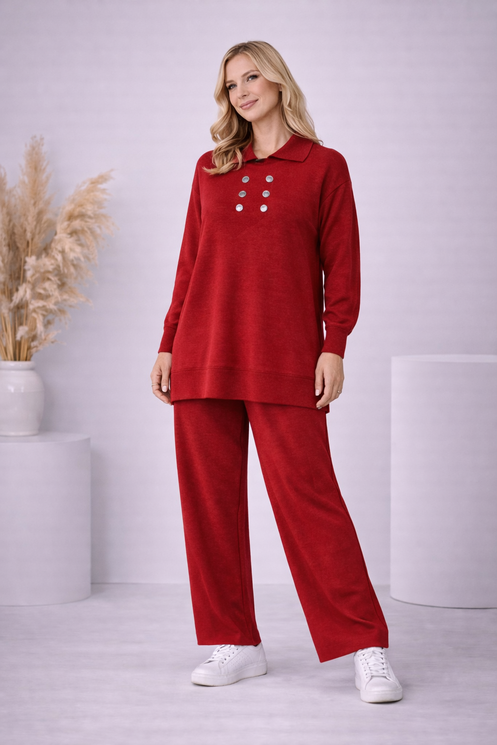 Lässiges Damen-Strickset mit Knopfreihe 4206 - Bordeaux