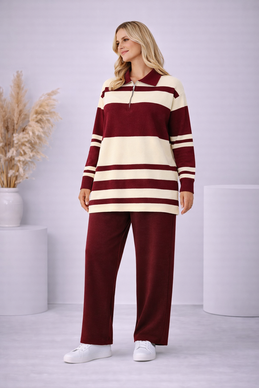 Gestreiftes Damen-Strickset mit Kragenreißverschluss 4202 - Bordeaux