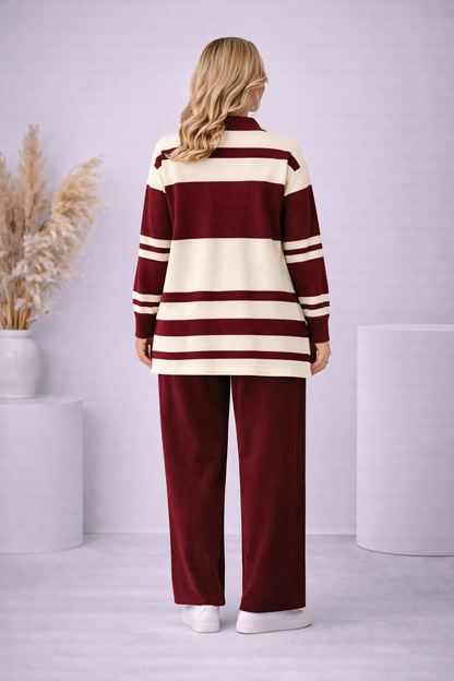 Gestreiftes Damen-Strickset mit Kragenreißverschluss 4202 - Bordeaux