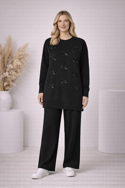 Damen Strick-Set mit Schleifen-Verzierung 4200 - Schwarz