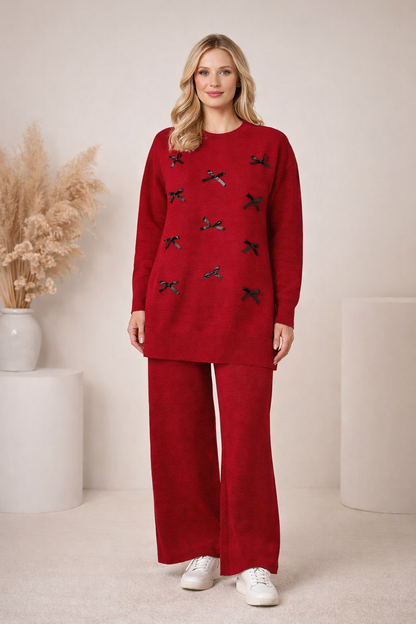 Damen Strick-Set mit Schleifen-Verzierung 4200 - Bordeaux