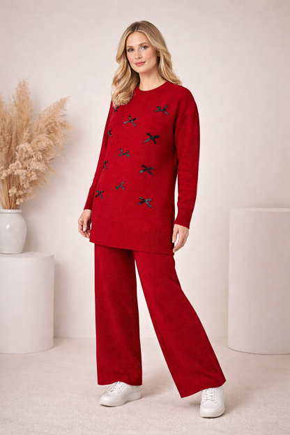 Damen Strick-Set mit Schleifen-Verzierung 4200 - Bordeaux