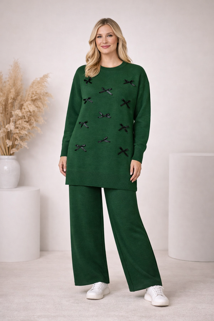 Damen Strick-Set mit Schleifen-Verzierung 4200 - Khaki