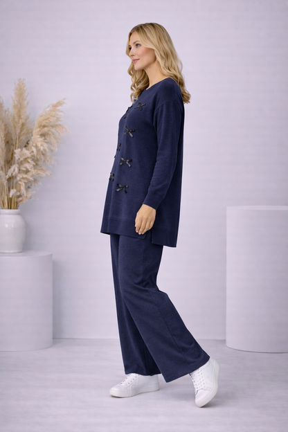 Damen Strick-Set mit Schleifen-Verzierung 4200 - Dunkelblau