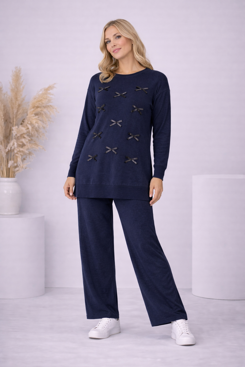 Damen Strick-Set mit Schleifen-Verzierung 4200 - Dunkelblau