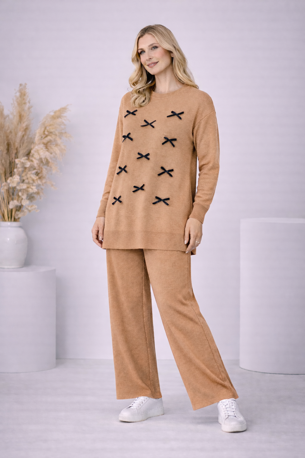 Damen Strick-Set mit Schleifen-Verzierung 4200 - Mausgrau