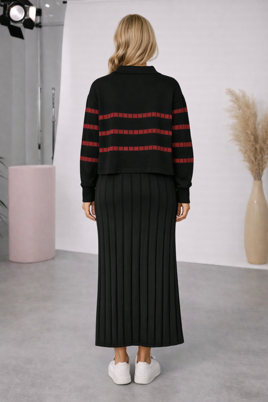 Elegantes zweiteiliges Damen-Strickkleid mit gestreiftem Oberteil 4207 - Dunkelanthrazit