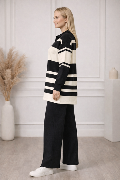 Modernes zweiteiliges Damen-Strickset gestreift mit Reißverschluss 4209 - Schwarz