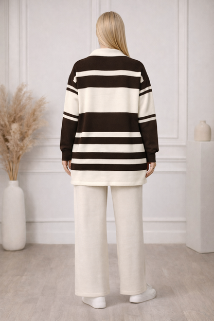 Modernes zweiteiliges Damen-Strickset gestreift mit Reißverschluss 4209 - Braun