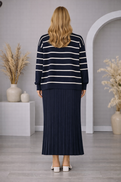 Elegantes zweiteiliges Damen-Strickkleid gestreift 4210 - Dunkelblau