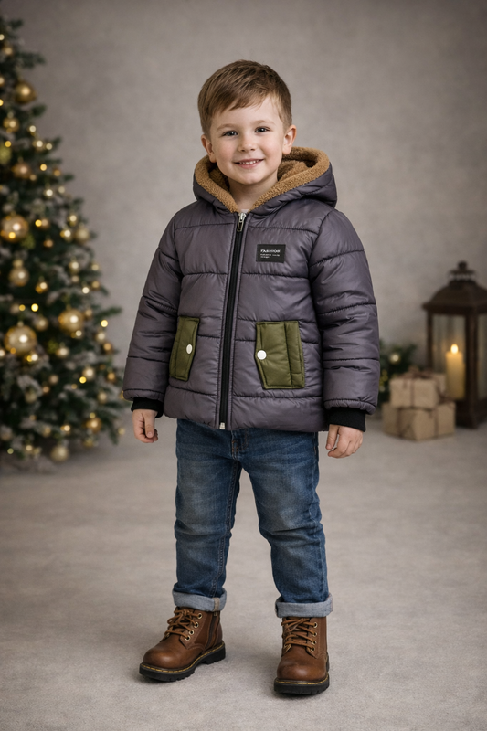 Rote Jungen-Regenjacke mit Fellfutter und schwarzen Akzenten 5004 - Grau