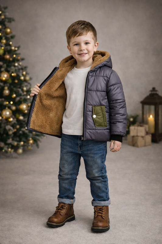 Rote Jungen-Regenjacke mit Fellfutter und schwarzen Akzenten 5004 - Grau