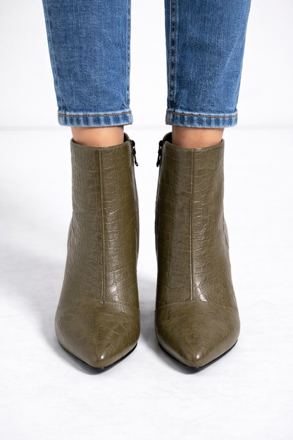 Damen-Stiefeletten in Kroko-Optik mit Blockabsatz 6321 - Khaki