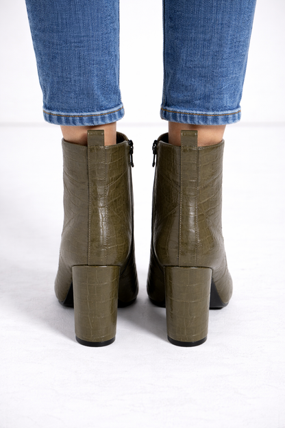 Damen-Stiefeletten in Kroko-Optik mit Blockabsatz 6321 - Khaki