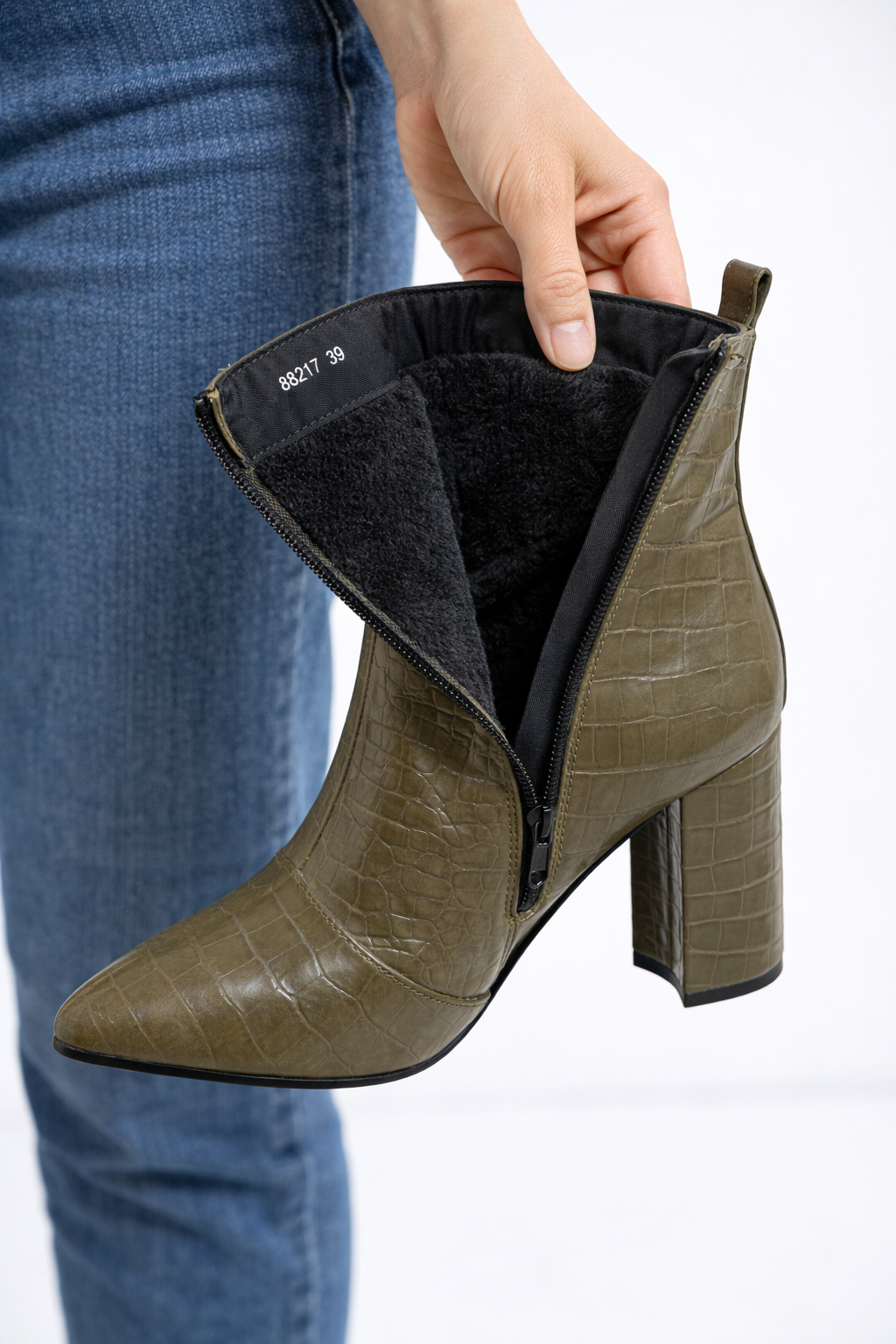 Damen-Stiefeletten in Kroko-Optik mit Blockabsatz 6321 - Khaki