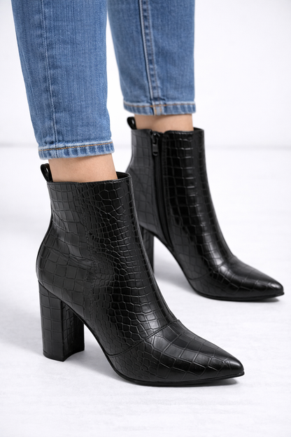 Damen-Stiefeletten in Kroko-Optik mit Blockabsatz 6321 - Schwarz