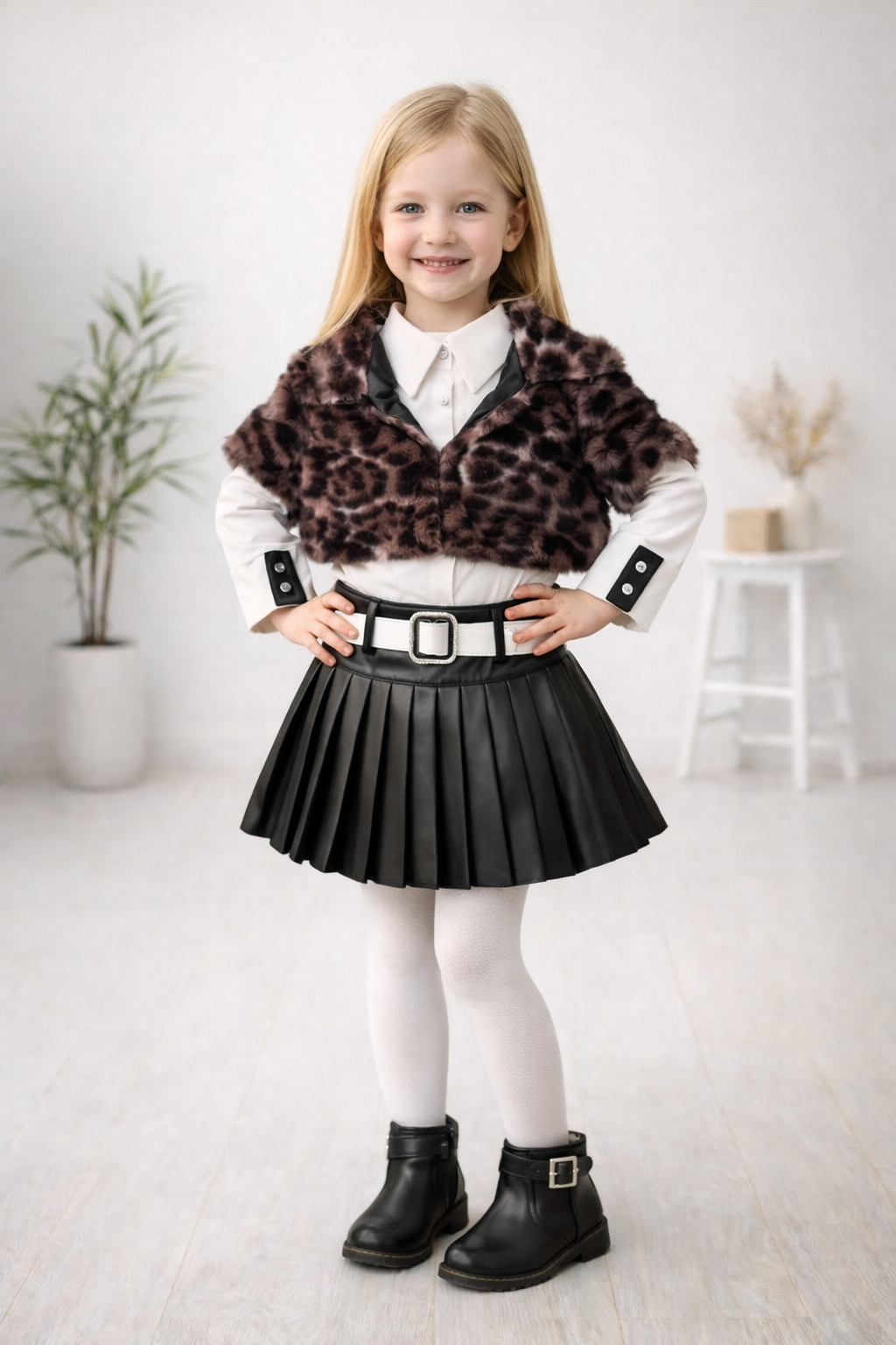 Mädchen 3-teiliges Set Pelzjacke und Lederrock 3503 - Braun