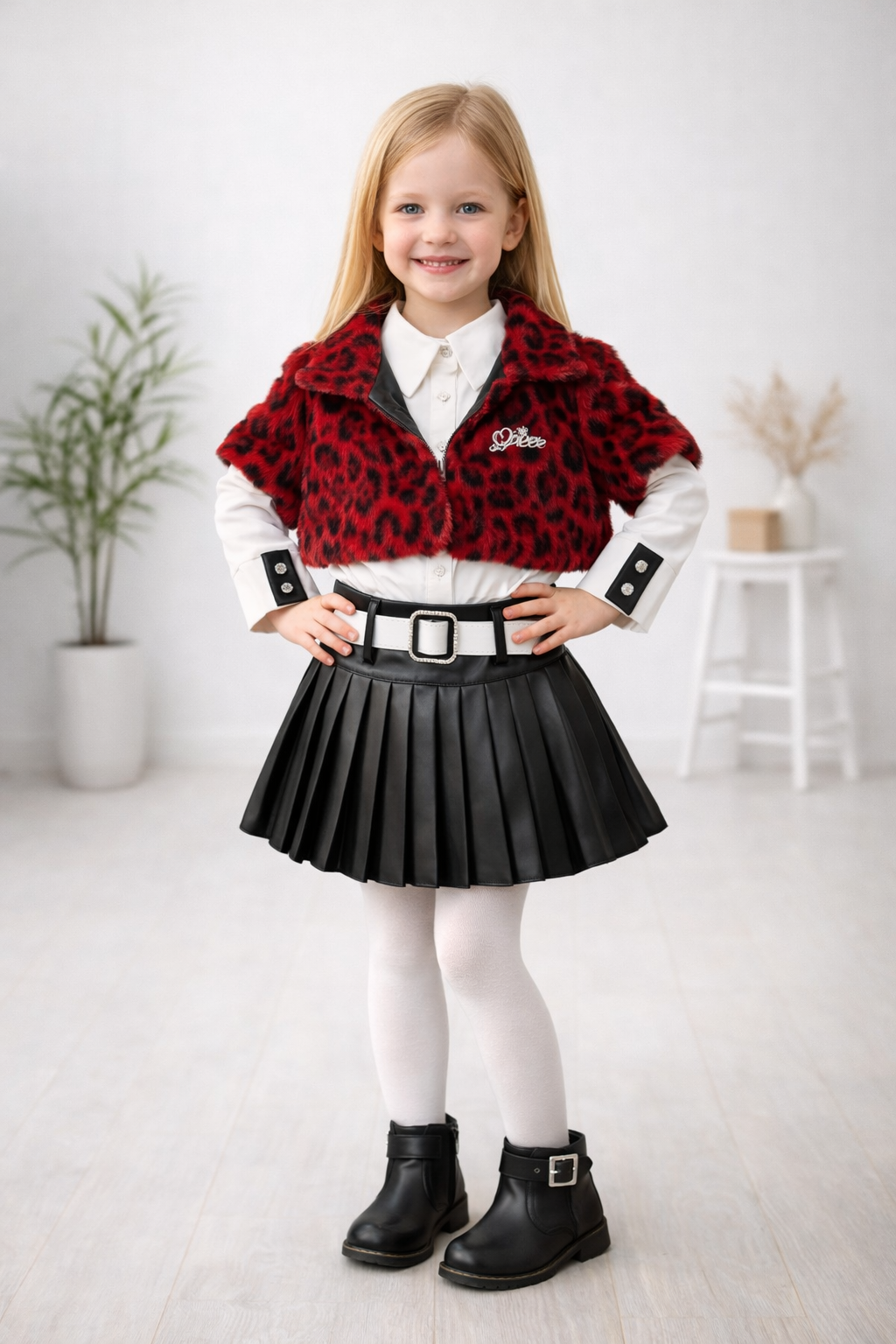 Mädchen 3-teiliges Set Pelzjacke und Lederrock 3503 - Bordeaux