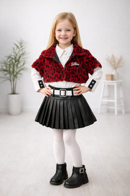 Mädchen 3-teiliges Set Pelzjacke und Lederrock 3503 - Bordeaux