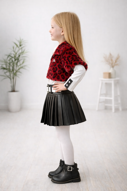 Mädchen 3-teiliges Set Pelzjacke und Lederrock 3503 - Bordeaux