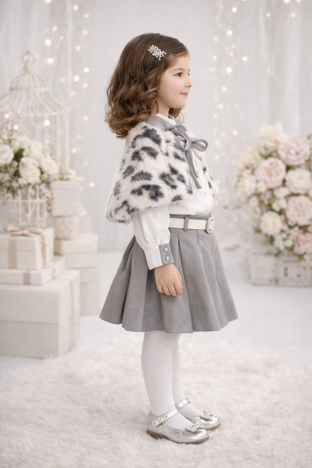 Mädchen-Set Rock und Bluse mit Pelz-Cape 3504 - Grau
