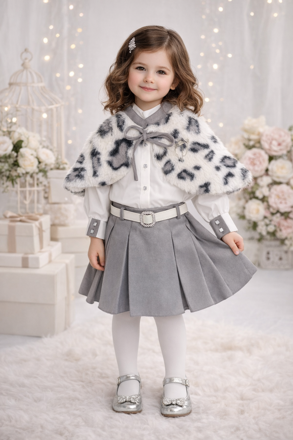 Mädchen-Set Rock und Bluse mit Pelz-Cape 3504 - Grau