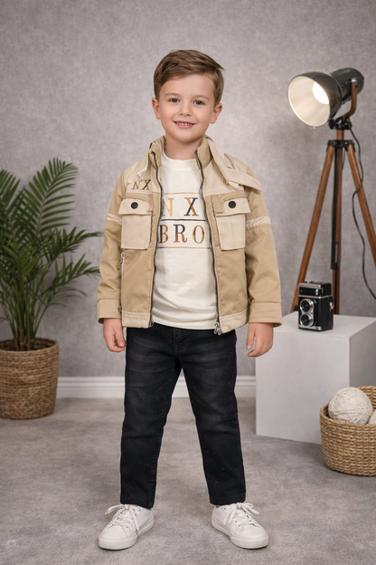 Jungen-Set 3-teilig mit moderner Jacke 3513 - Beige