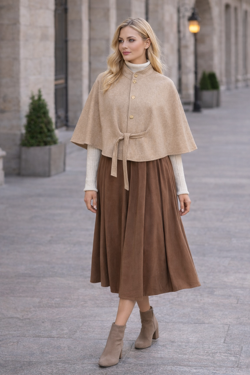 Damen Cape aus hochwertigem Flanell ohne Ärmel 1281 - Beige