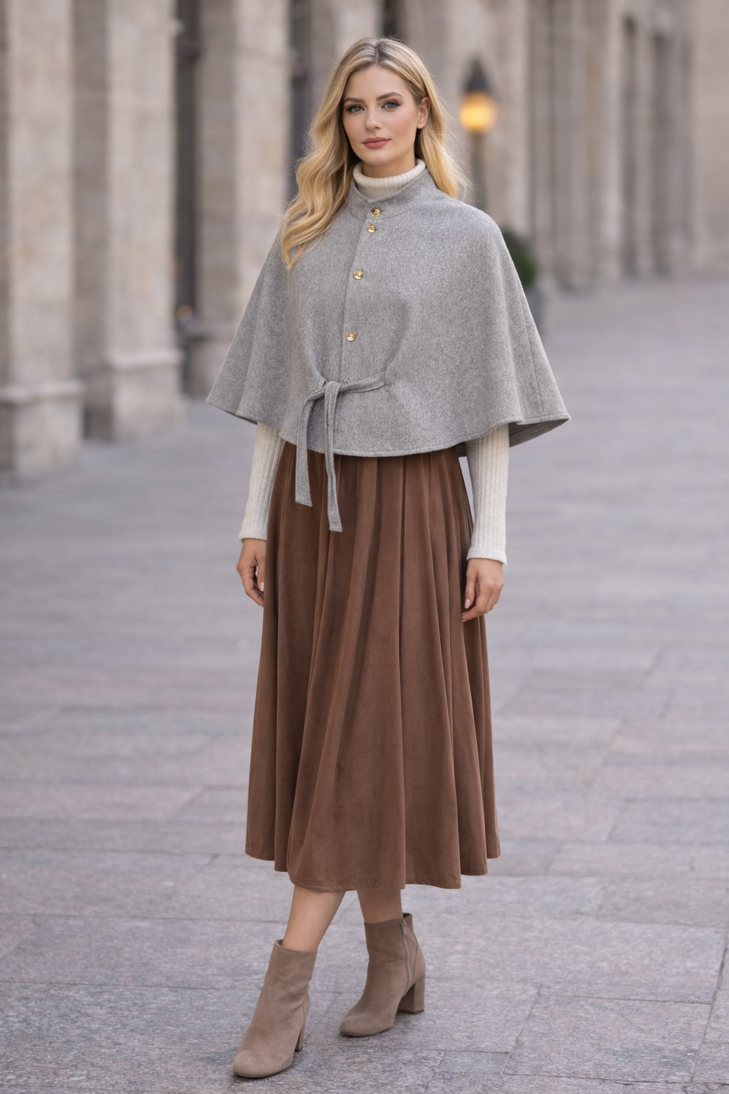 Damen Cape aus hochwertigem Flanell ohne Ärmel 1281 - Grau