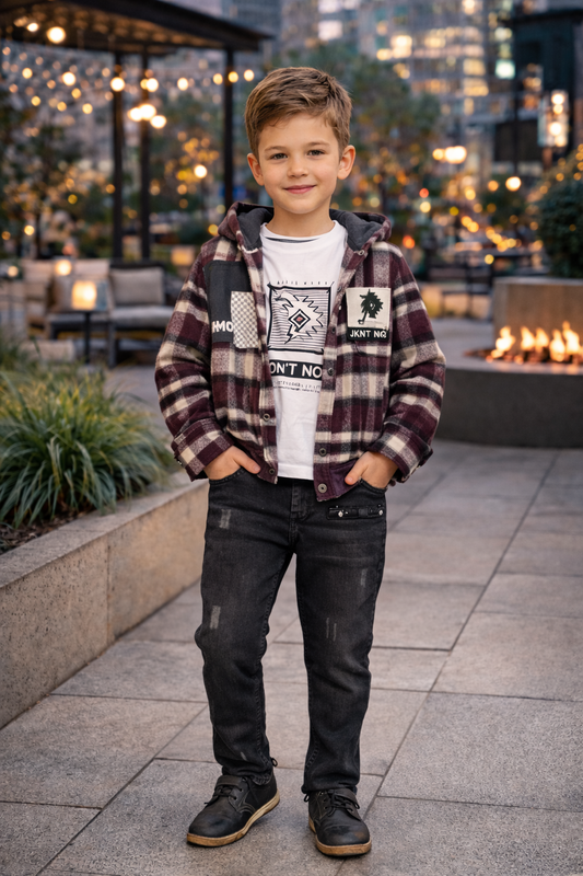 Jungen Winterset 3-teilig Flanellhemd und Jeans 3512 - Bordeaux