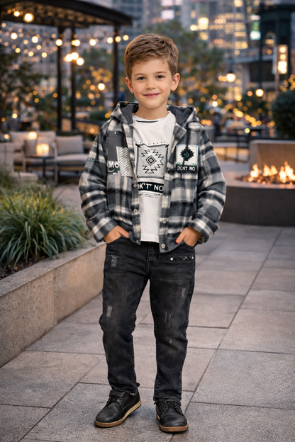 Jungen Winterset 3-teilig Flanellhemd und Jeans 3512 - Schwarz