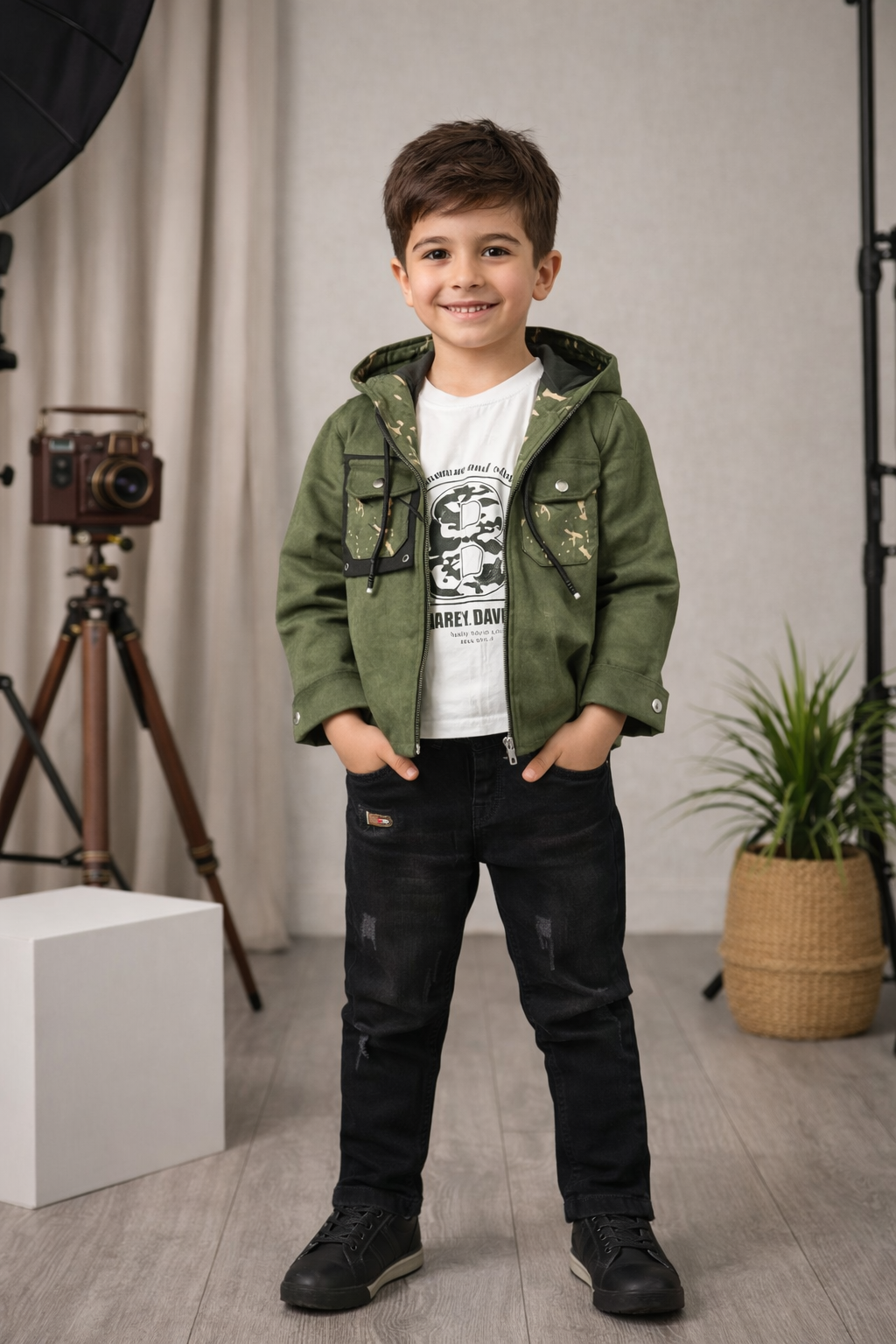 Jungen-Set 3-teilig mit Wildlederimitat-Jacke 3534 - Khaki