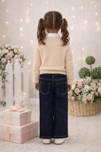 Mädchen Set 3-teilig Wollpullover, Hemd und Weite Hose 3510 - Beige