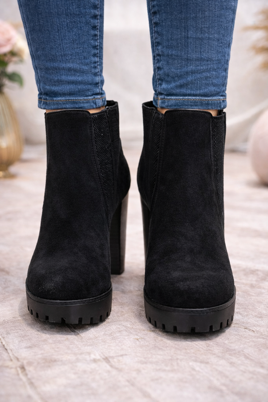 Damen Stiefeletten aus Wildleder mit Blockabsatz 6326 - Schwarz