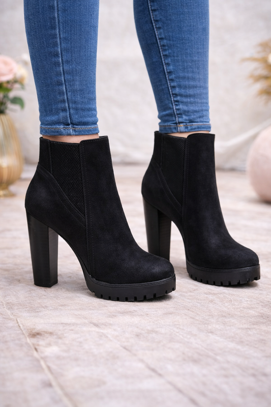 Damen Stiefeletten aus Wildleder mit Blockabsatz 6326 - Schwarz