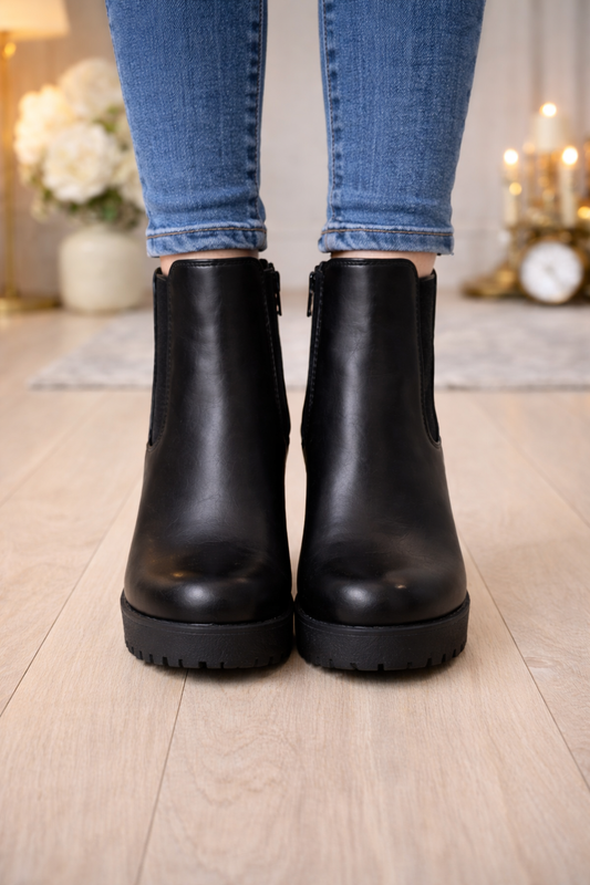 Damen Stiefeletten aus Leder mit Blockabsatz und Plateausohle 6324 - Schwarz