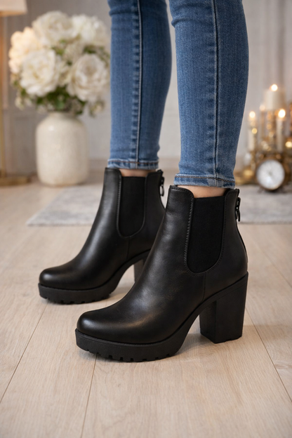 Damen Stiefeletten aus Leder mit Blockabsatz und Plateausohle 6324 - Schwarz