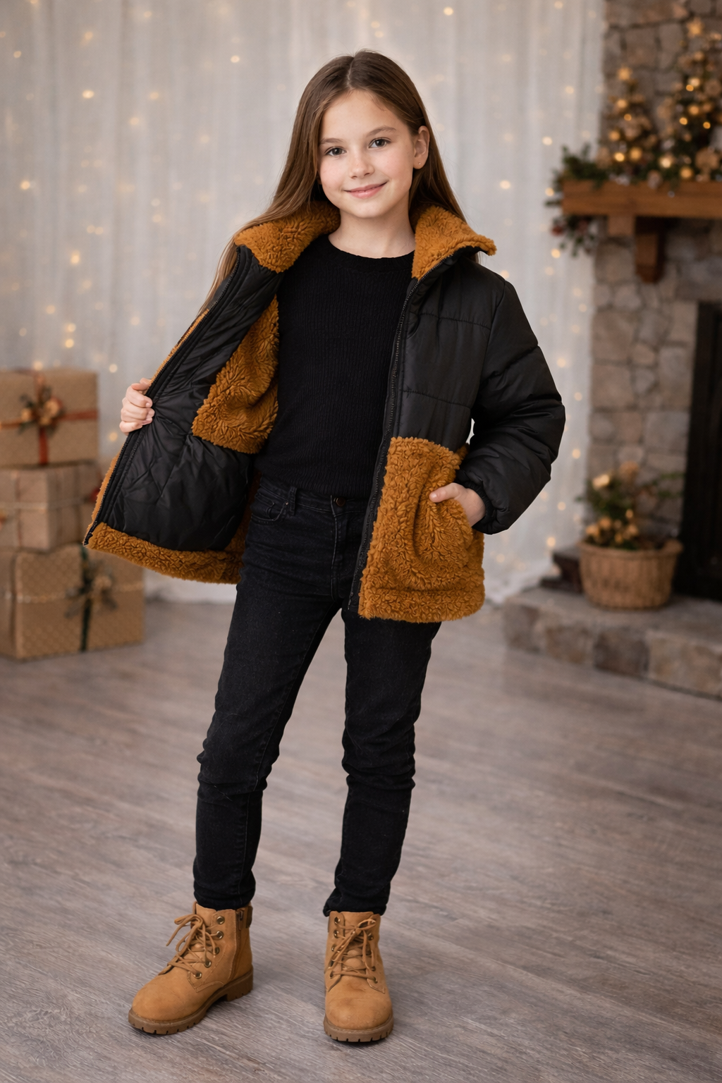 Mädchen Winterjacke mit Teddyfell-Besatz 5011 - Schwarz